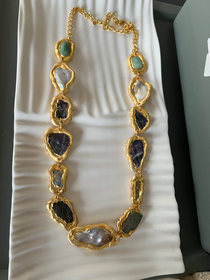 Statement Gold Embedded Natural Gemstones Necklace