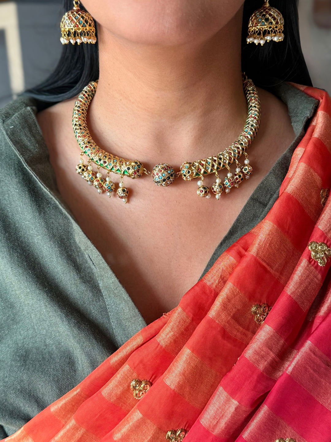 Handmade Jadau Necklace with Jhumkis | SHIVKA