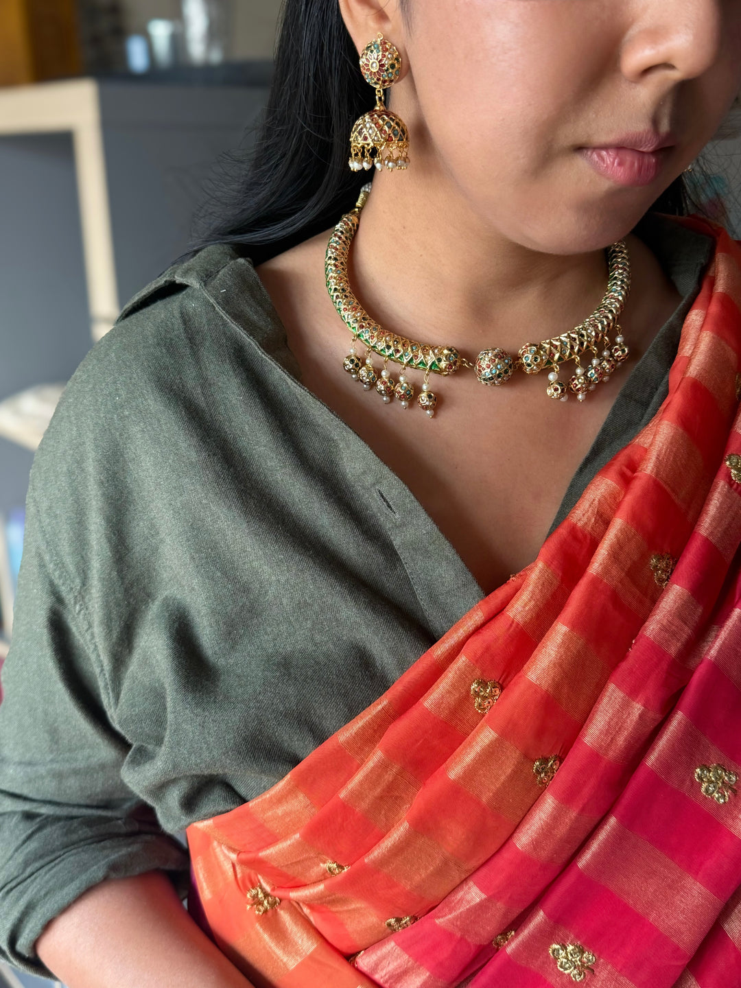 Handmade Jadau Necklace with Jhumkis | SHIVKA