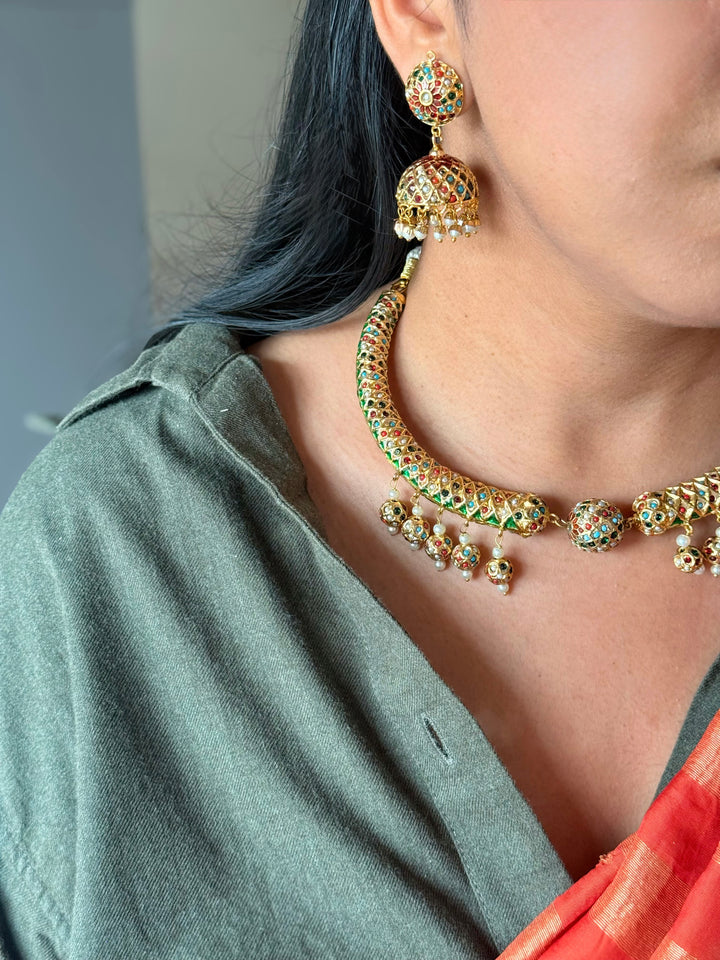 Handmade Jadau Necklace with Jhumkis | SHIVKA