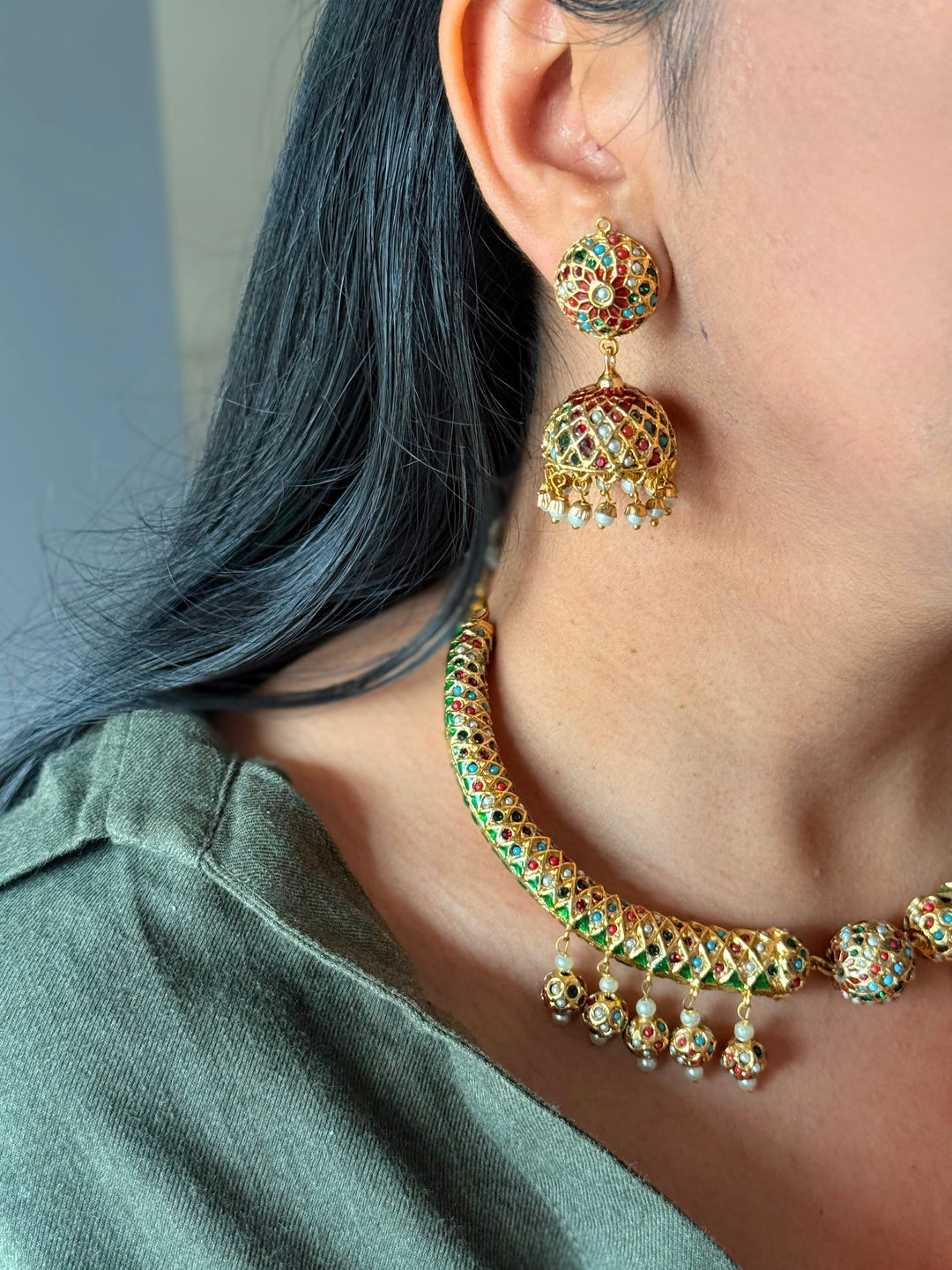 Handmade Jadau Necklace with Jhumkis | SHIVKA