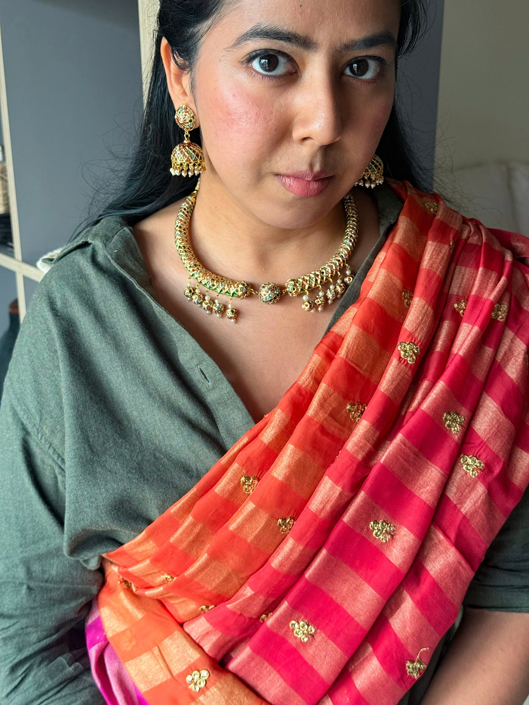 Handmade Jadau Necklace with Jhumkis | SHIVKA