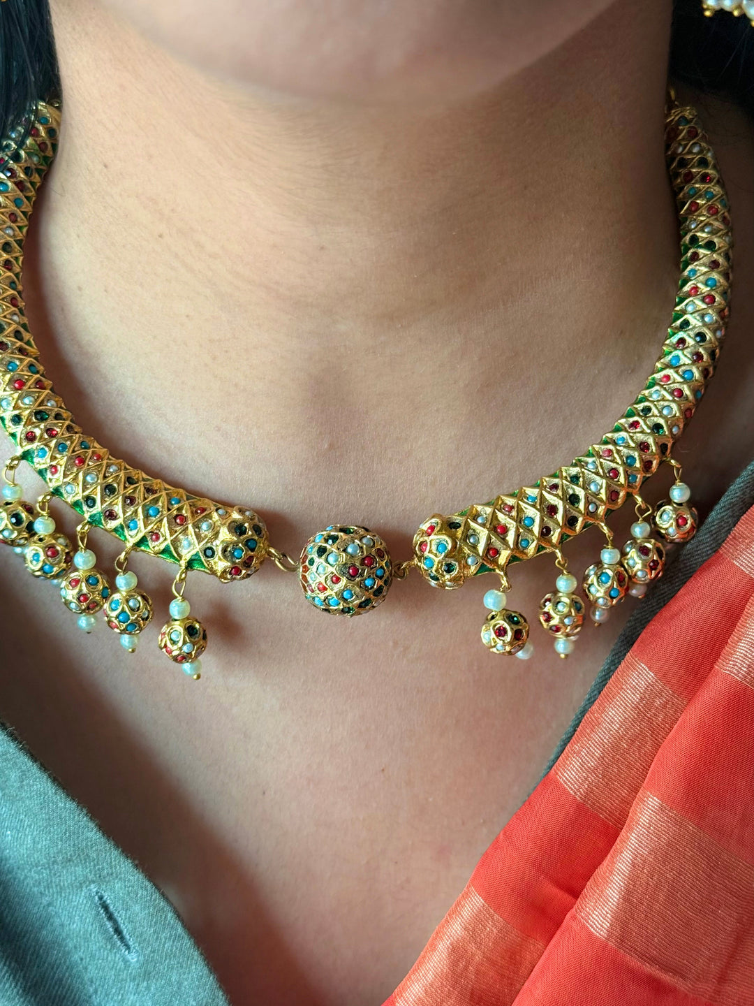 Handmade Jadau Necklace with Jhumkis | SHIVKA