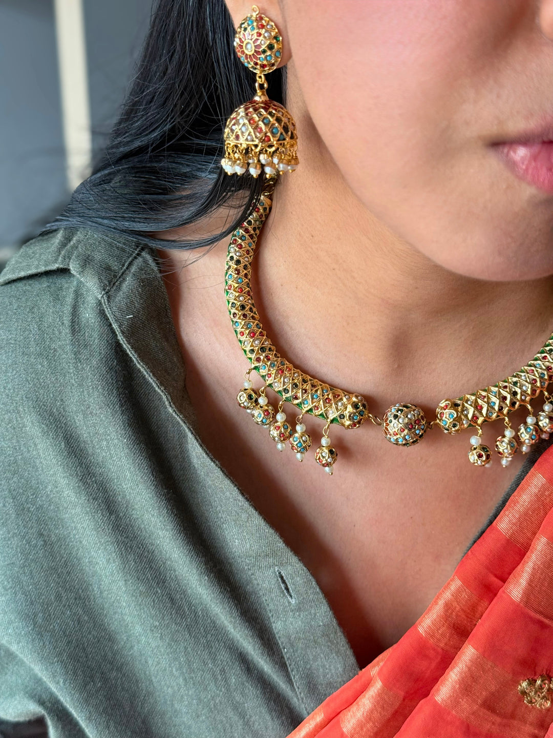 Handmade Jadau Necklace with Jhumkis | SHIVKA