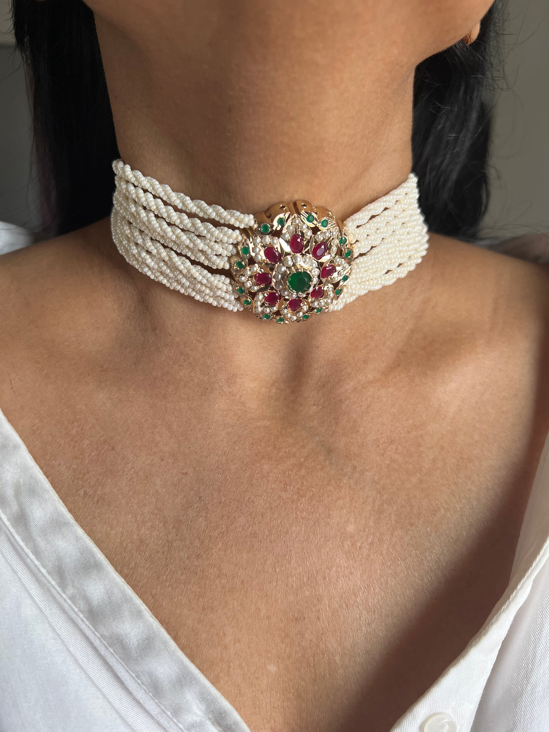 Statement Jadau Pearl Choker Necklace Set | 18k Gold Plated | Copper & Semi-Precious Stones