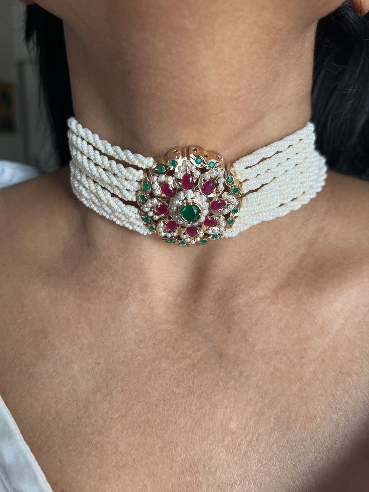 Statement Jadau Pearl Choker Necklace Set | 18k Gold Plated | Copper & Semi-Precious Stones