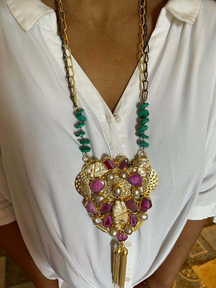 Elegant Pink Agate Baroque Pearls Statement Necklace - Turquoise & Gold Accents