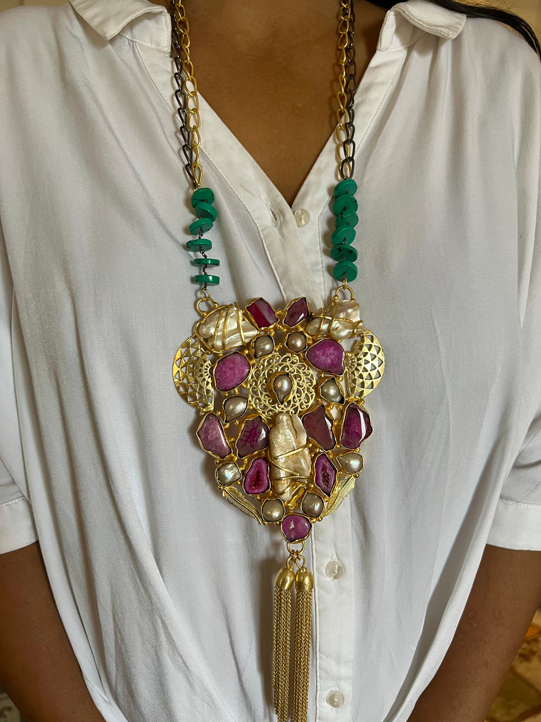 Elegant Pink Agate Baroque Pearls Statement Necklace - Turquoise & Gold Accents