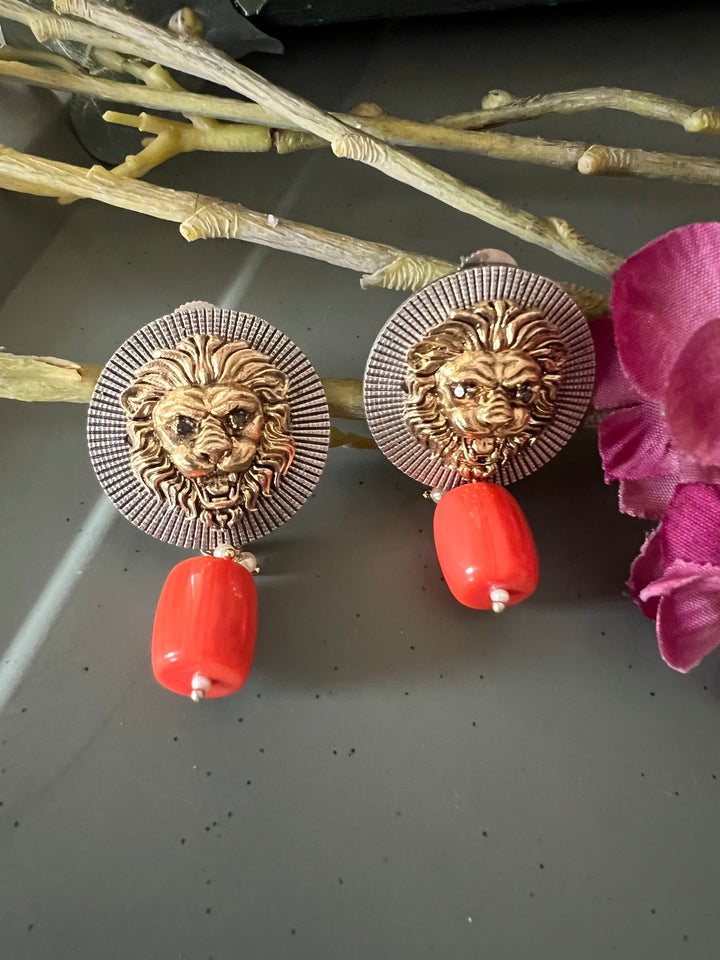 Dual Tone Lion Head Stud Earrings with Coral Drop
