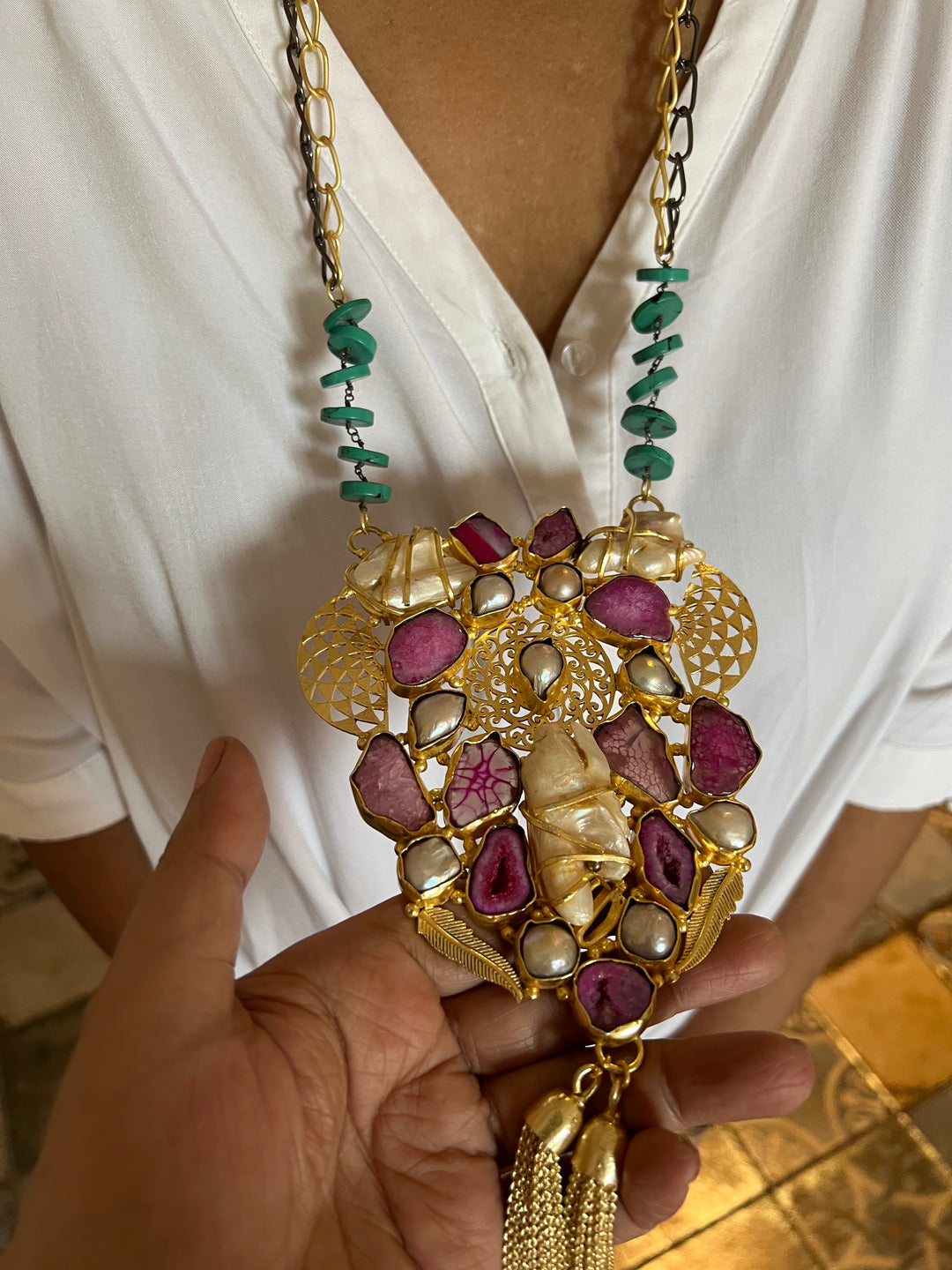 Elegant Pink Agate Baroque Pearls Statement Necklace - Turquoise & Gold Accents