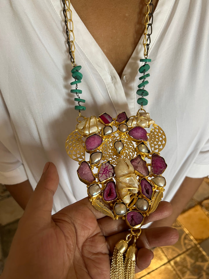 Elegant Pink Agate Baroque Pearls Statement Necklace - Turquoise & Gold Accents