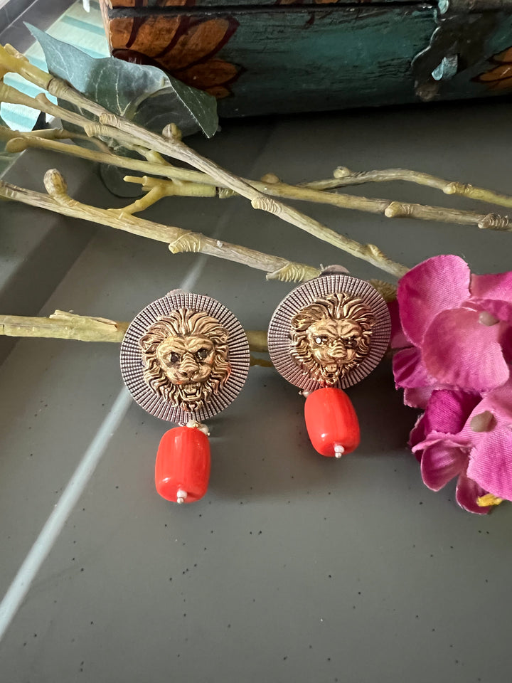 Dual Tone Lion Head Stud Earrings with Coral Drop