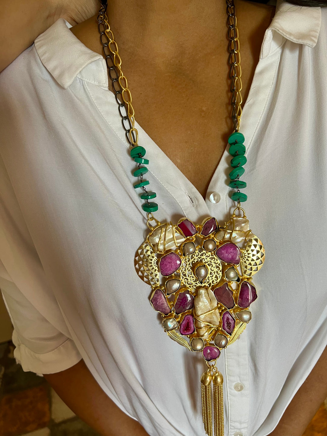 Elegant Pink Agate Baroque Pearls Statement Necklace - Turquoise & Gold Accents