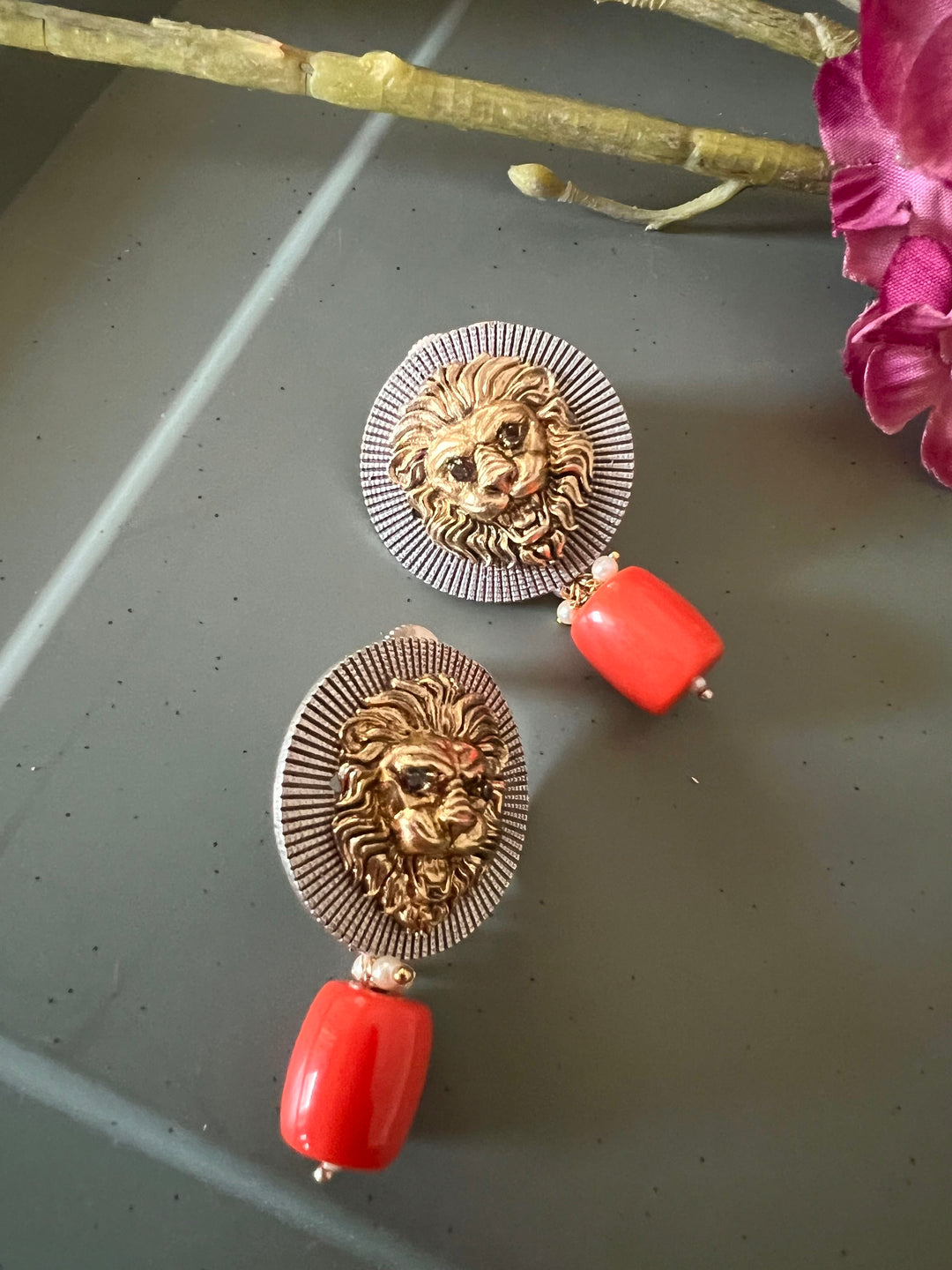 Dual Tone Lion Head Stud Earrings with Coral Drop