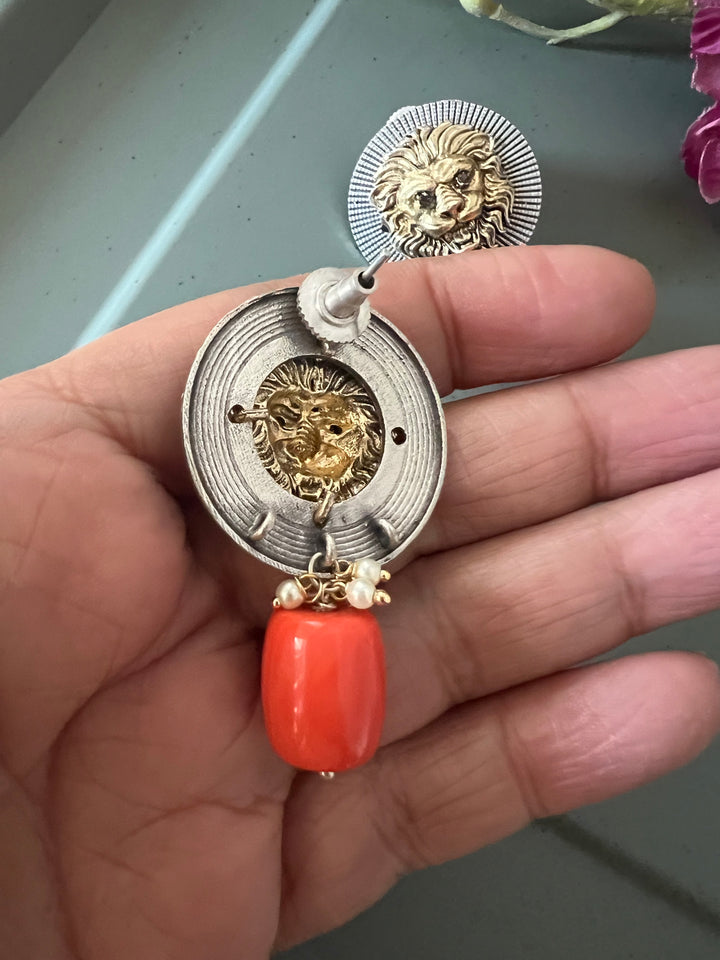 Dual Tone Lion Head Stud Earrings with Coral Drop
