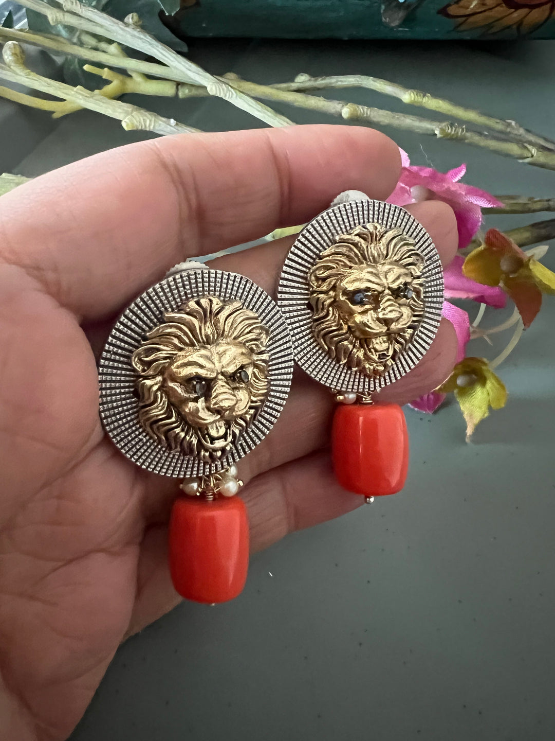 Dual Tone Lion Head Stud Earrings with Coral Drop