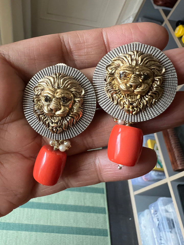 Dual Tone Lion Head Stud Earrings with Coral Drop