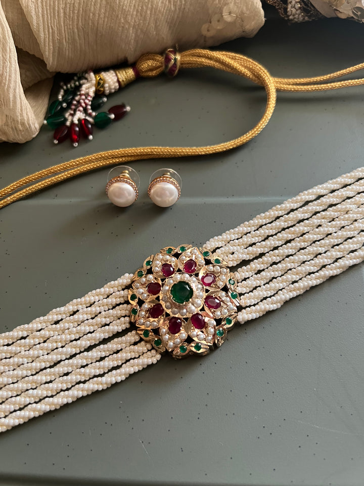 Statement Jadau Pearl Choker Necklace Set | 18k Gold Plated | Copper & Semi-Precious Stones