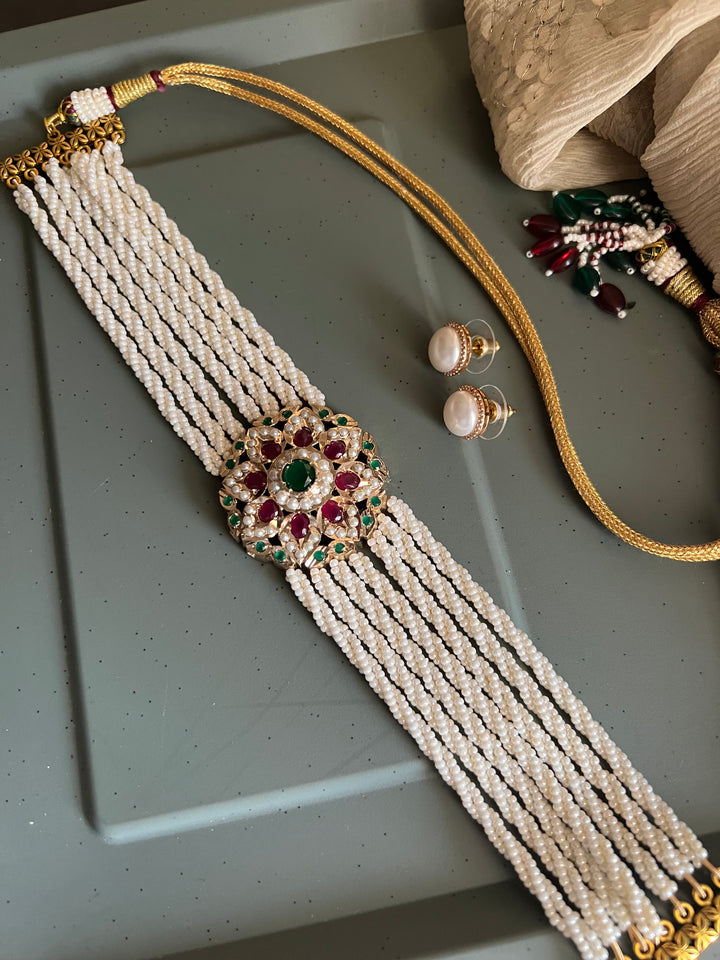 Statement Jadau Pearl Choker Necklace Set | 18k Gold Plated | Copper & Semi-Precious Stones