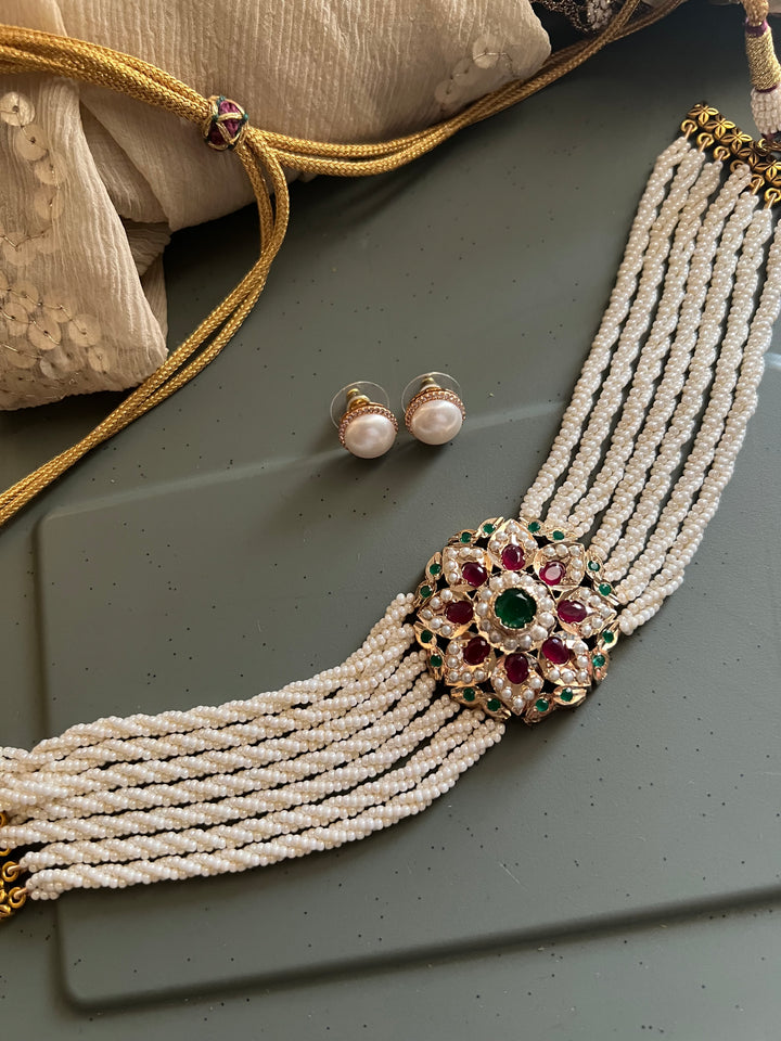 Statement Jadau Pearl Choker Necklace Set | 18k Gold Plated | Copper & Semi-Precious Stones