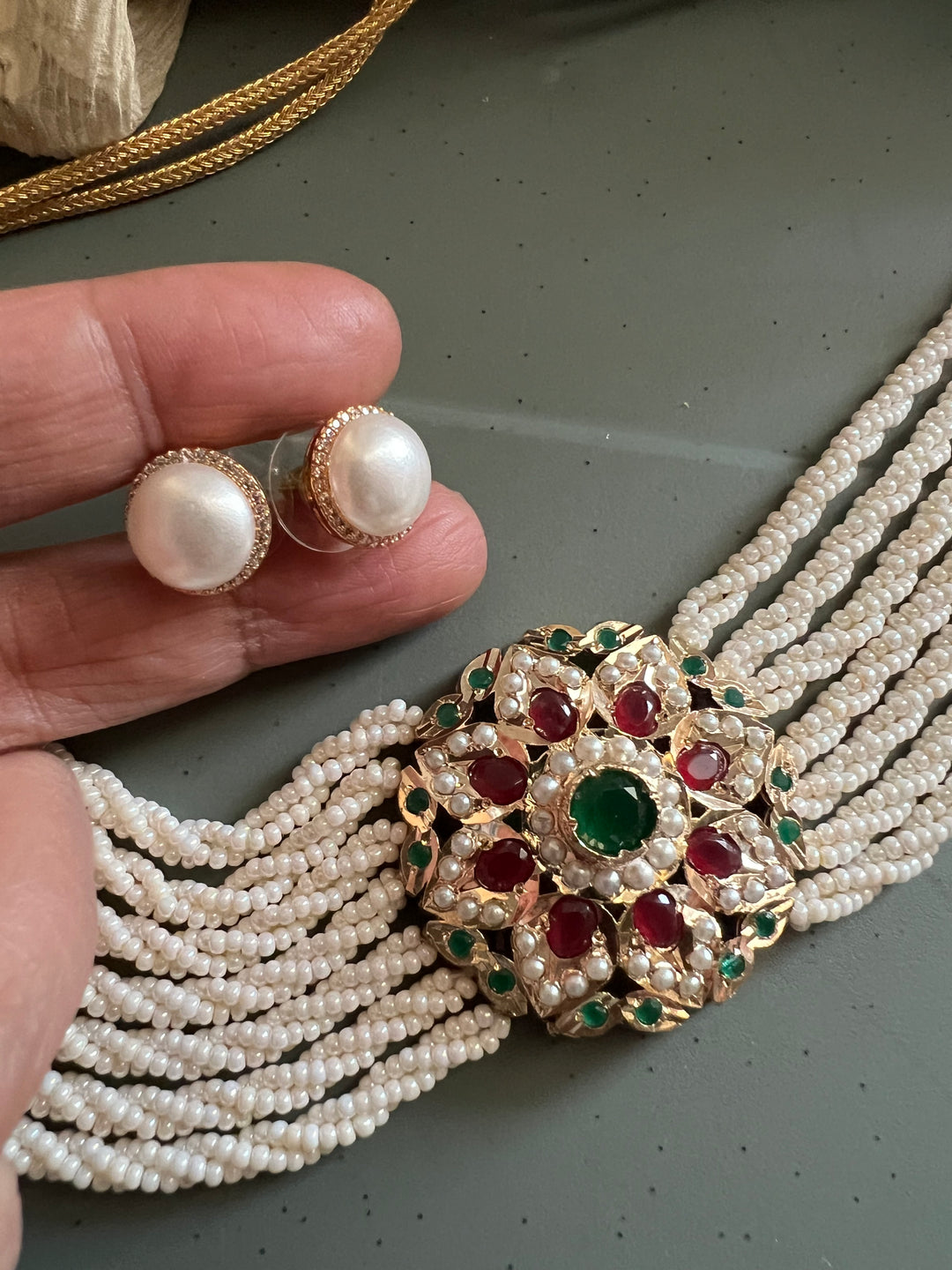 Statement Jadau Pearl Choker Necklace Set | 18k Gold Plated | Copper & Semi-Precious Stones