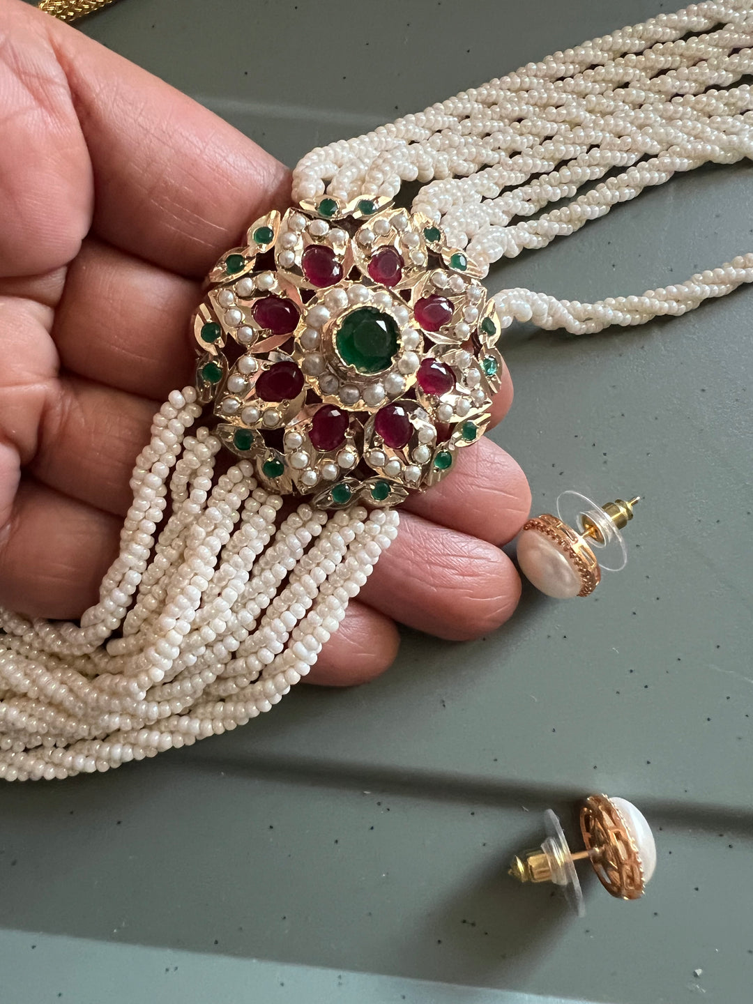 Statement Jadau Pearl Choker Necklace Set | 18k Gold Plated | Copper & Semi-Precious Stones