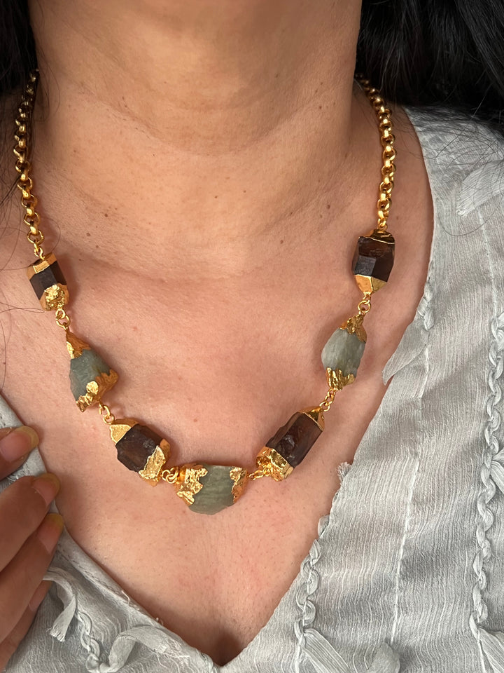 Statement Gold Embedded Natural Gemstones Necklace
