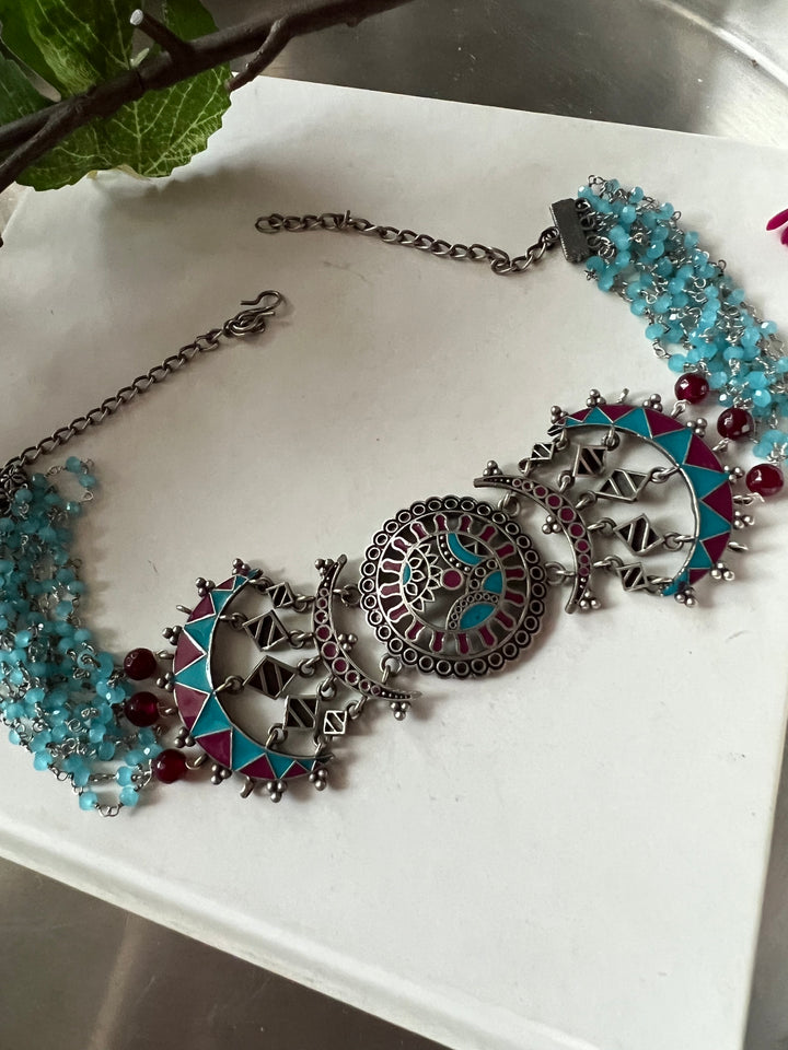 Enamelled Choker Necklace with Studs - Vintage Beauty!