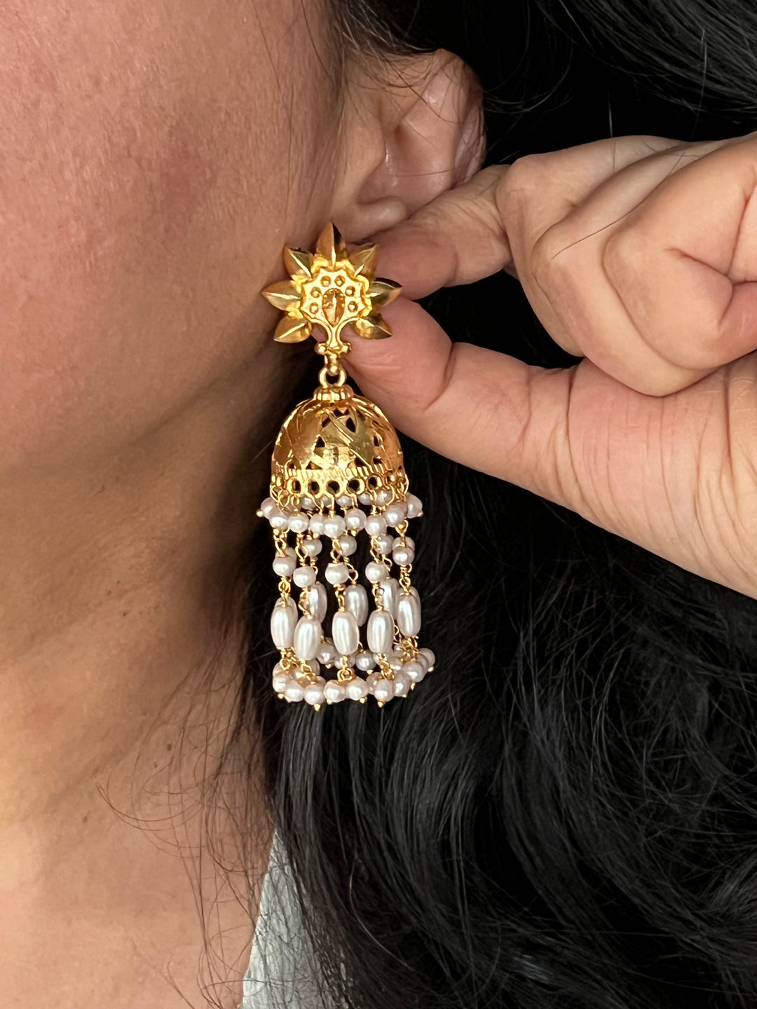 Pearl and Gold Tone Danglers - Perfect for Destination Weddings, Gold Replica