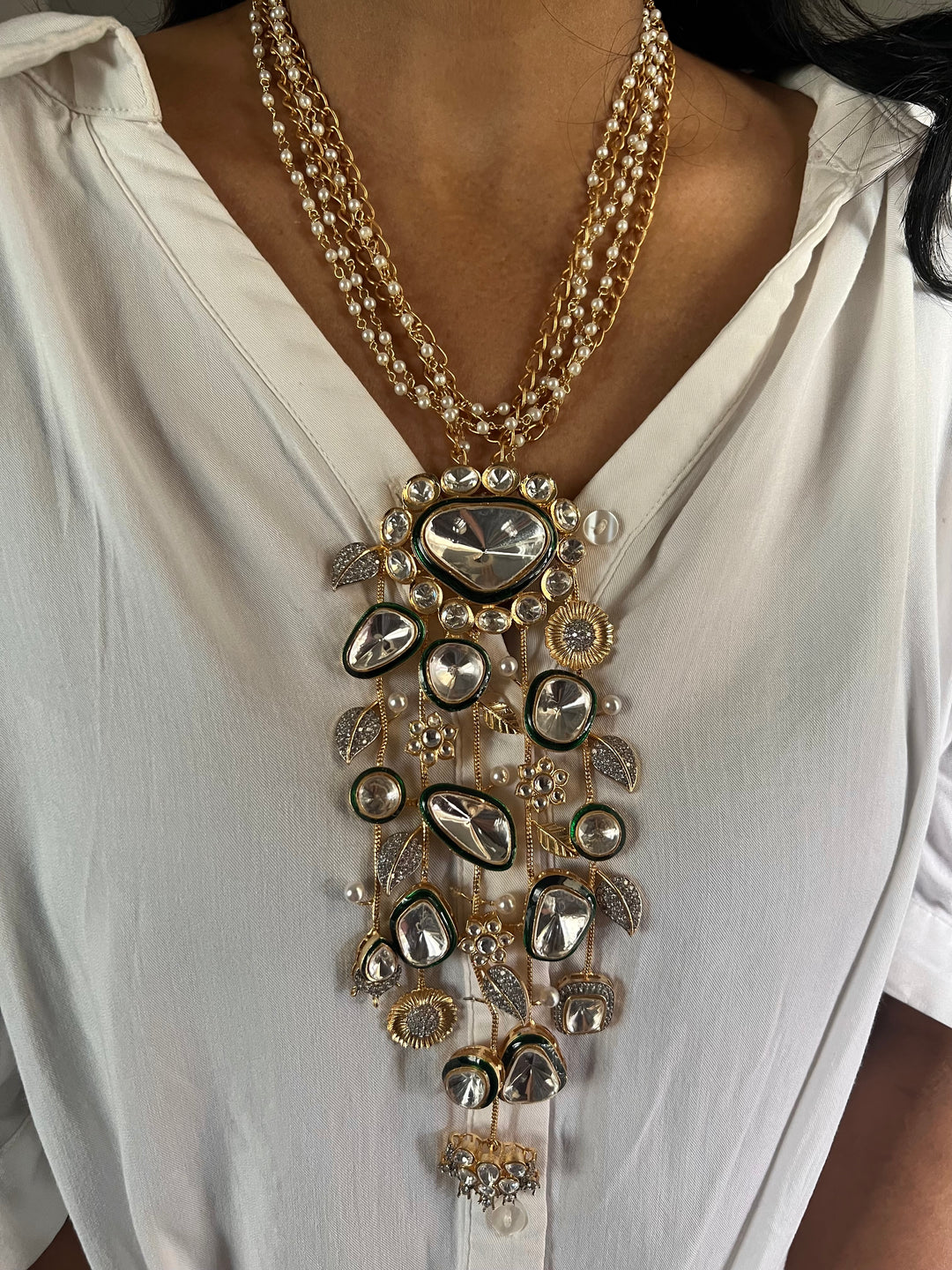 Statement CZ Polki Kundan Pendant Necklace with Earrings