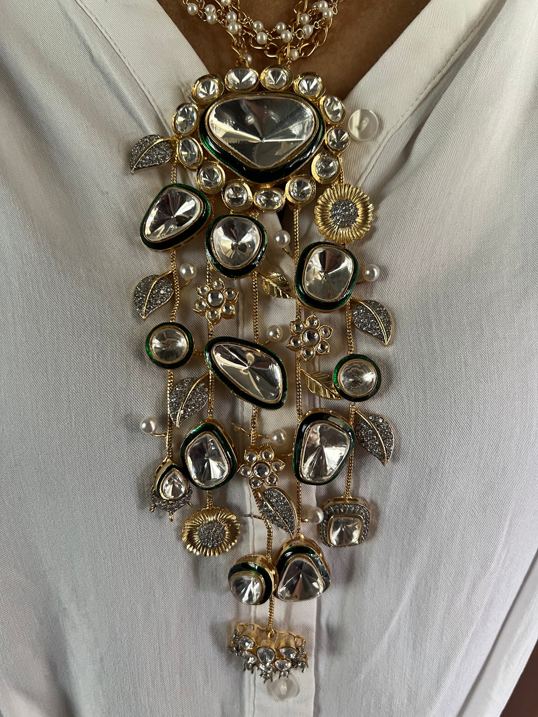 Statement CZ Polki Kundan Pendant Necklace with Earrings