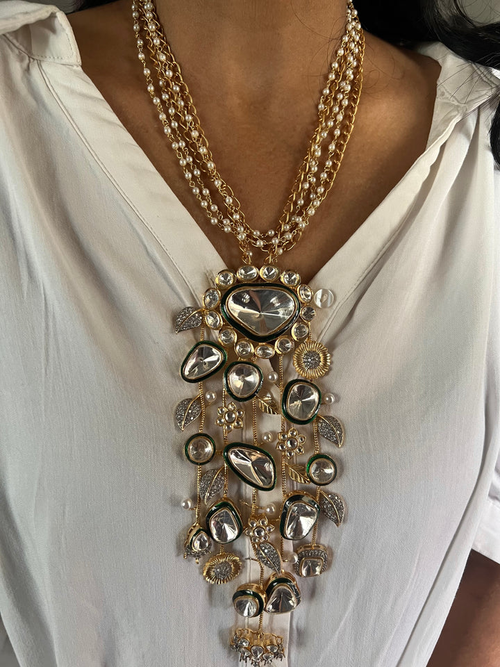 Statement CZ Polki Kundan Pendant Necklace with Earrings