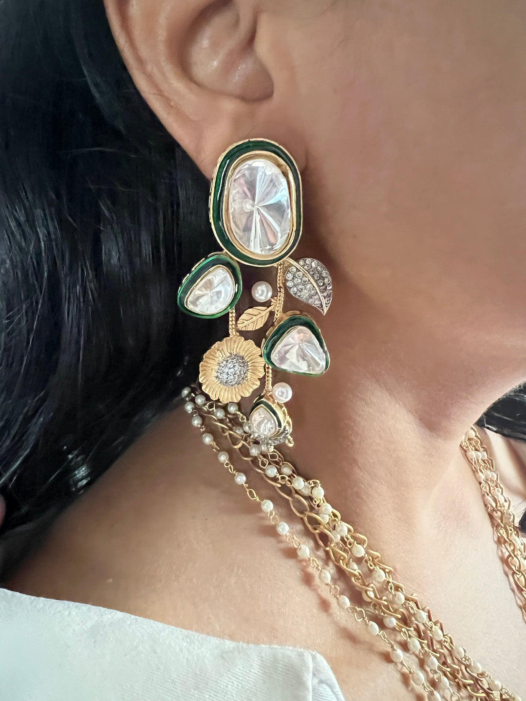 Statement CZ Polki Kundan Pendant Necklace with Earrings