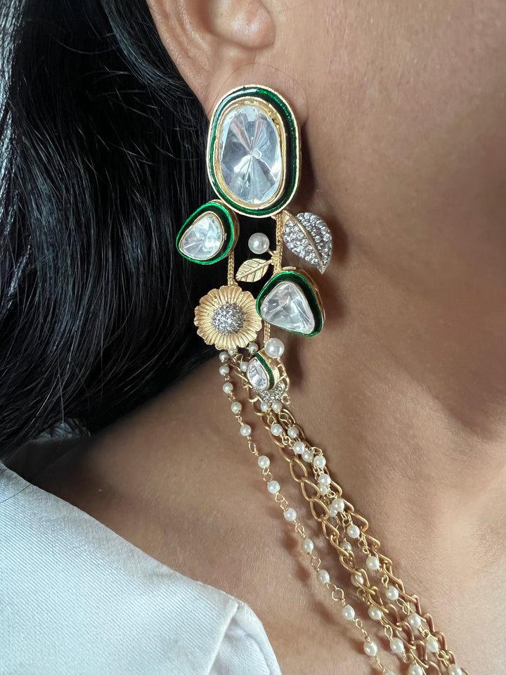 Statement CZ Polki Kundan Pendant Necklace with Earrings