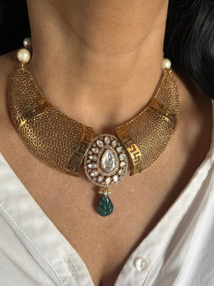 Exquisite Silver Kundan Polki Necklace Set with Carved Emerald Drop