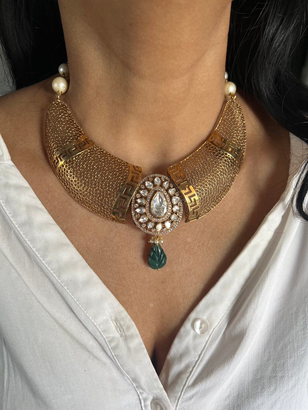 Exquisite Silver Kundan Polki Necklace Set with Carved Emerald Drop