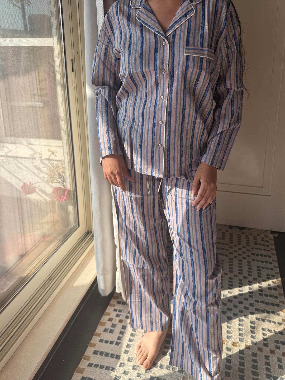 Striped Cotton Pajama Set, Indian Print Night Suit