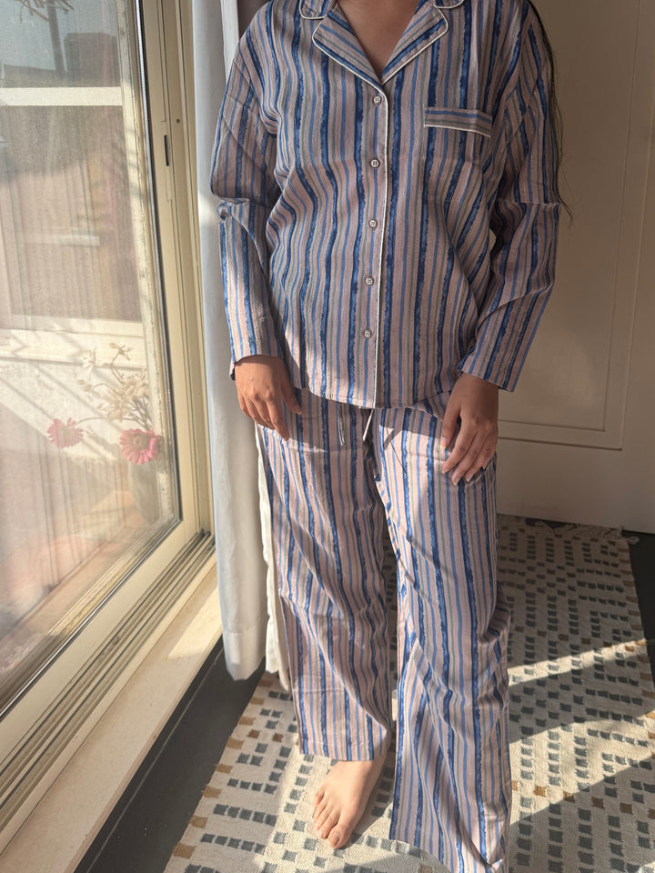 Striped Cotton Pajama Set, Indian Print Night Suit