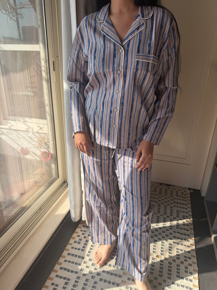 Striped Cotton Pajama Set, Indian Print Night Suit