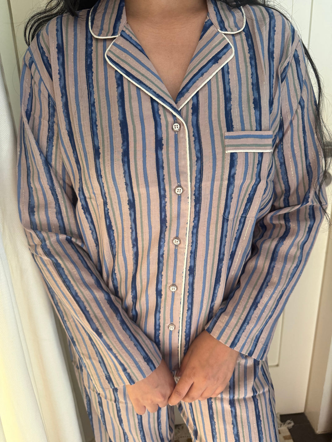 Striped Cotton Pajama Set, Indian Print Night Suit