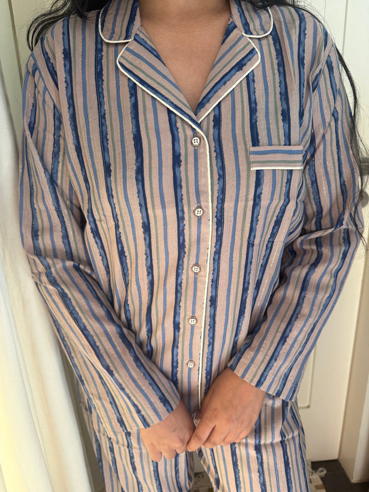 Striped Cotton Pajama Set, Indian Print Night Suit