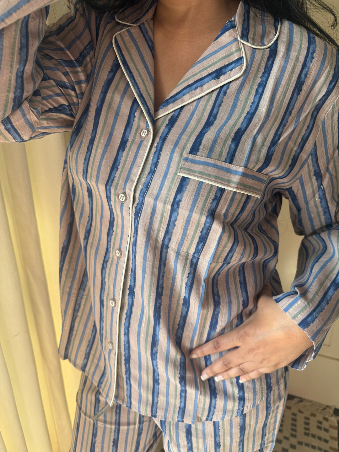 Striped Cotton Pajama Set, Indian Print Night Suit