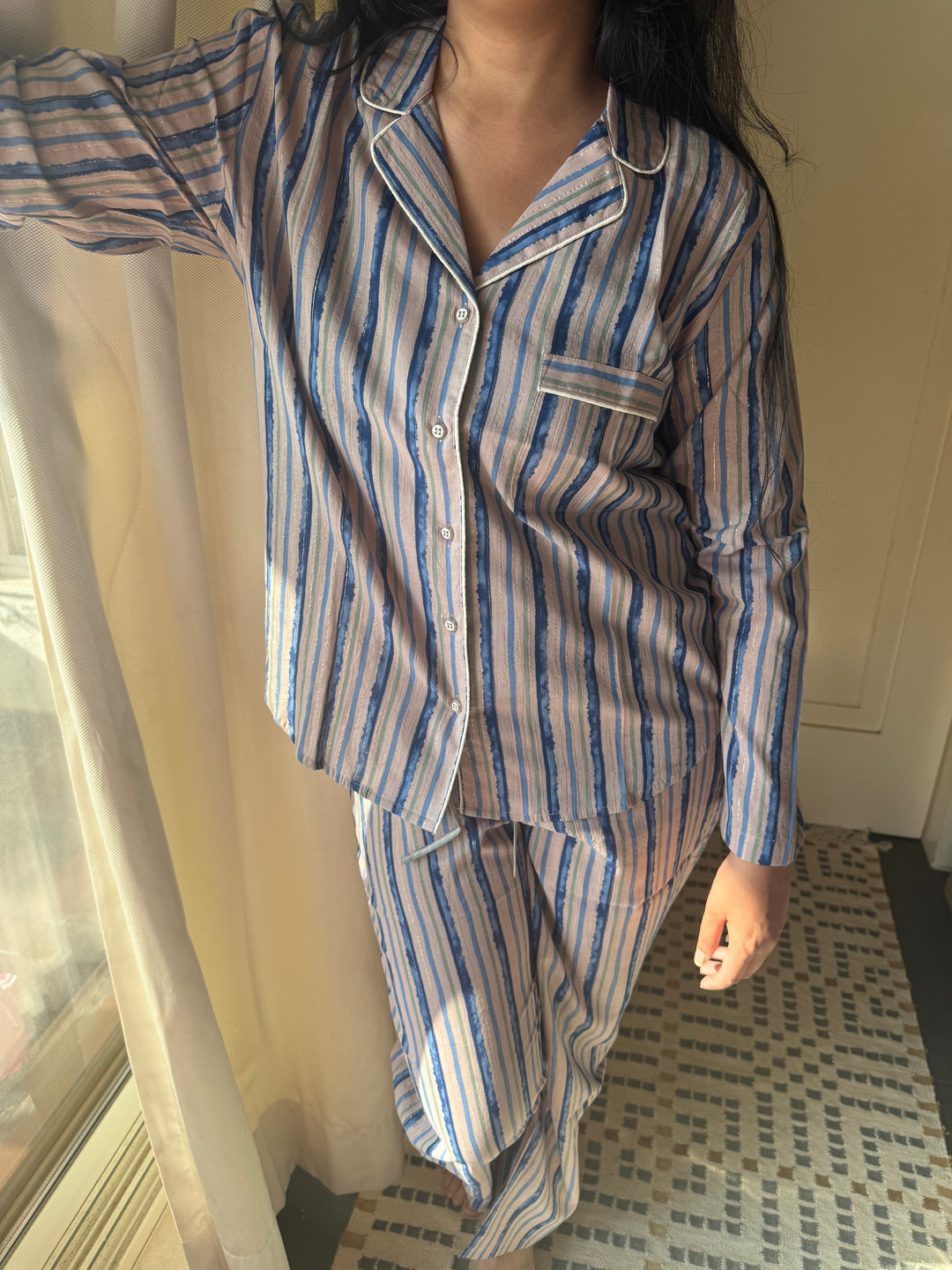 Striped Cotton Pajama Set, Indian Print Night Suit