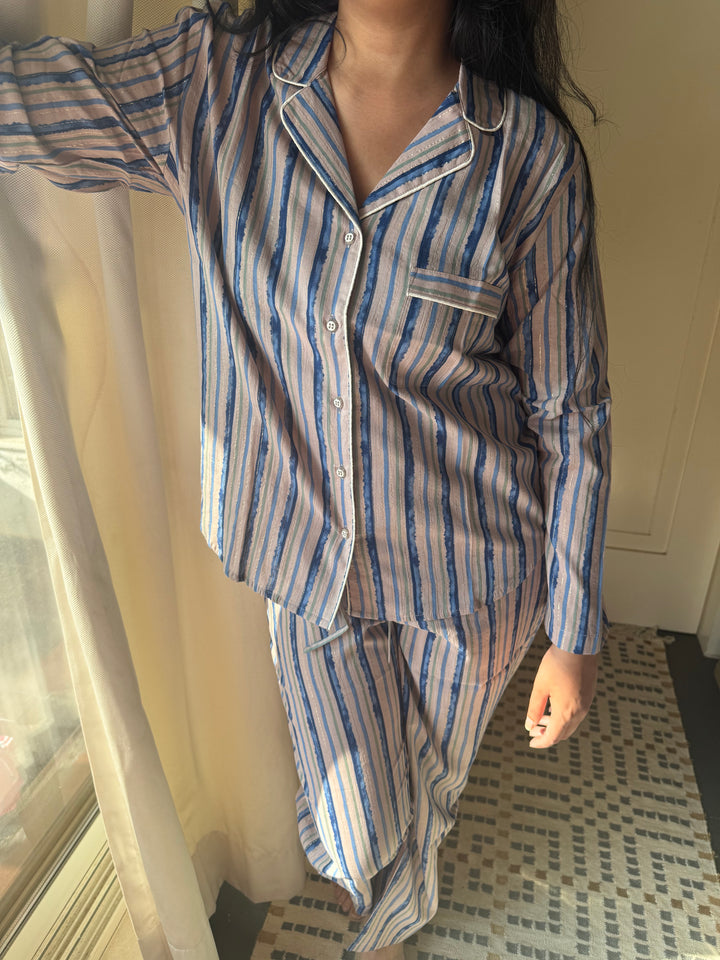 Striped Cotton Pajama Set, Indian Print Night Suit