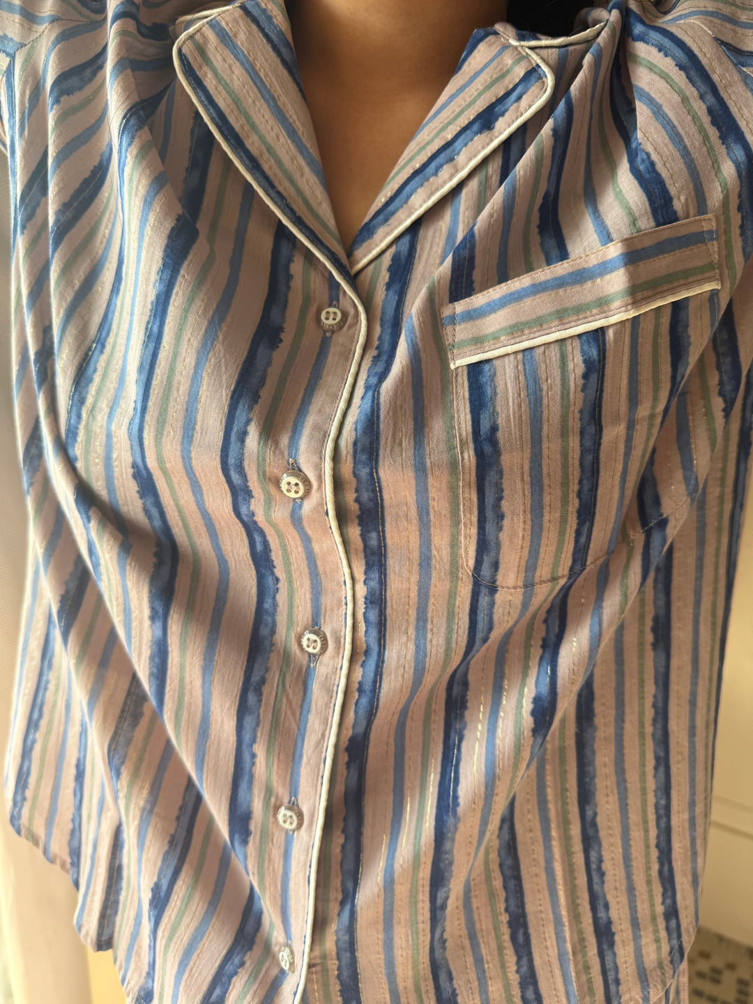 Striped Cotton Pajama Set, Indian Print Night Suit