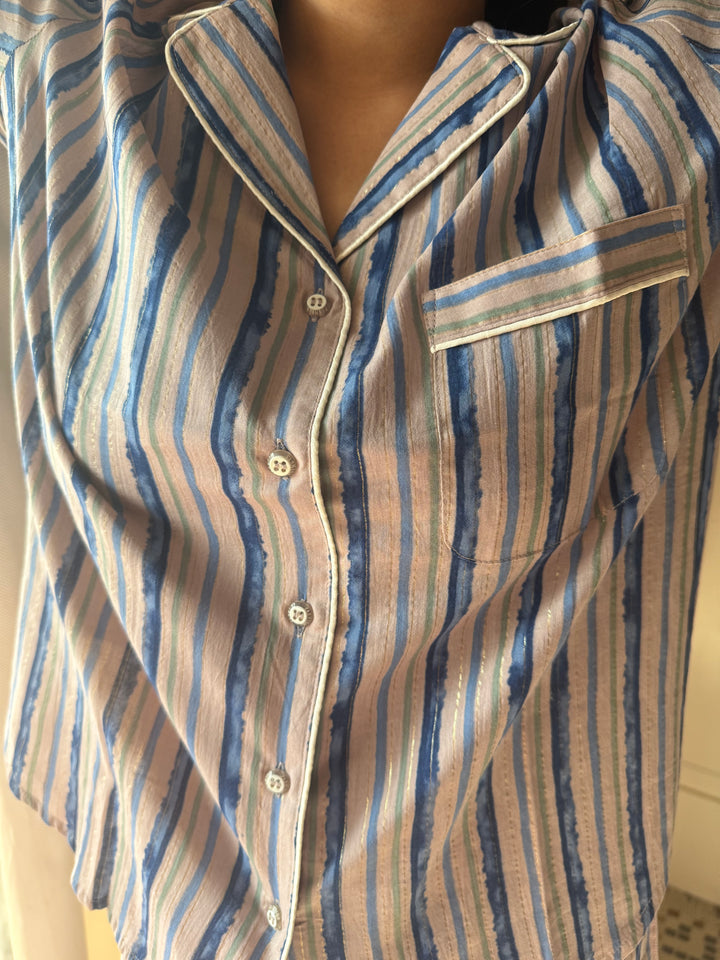 Striped Cotton Pajama Set, Indian Print Night Suit