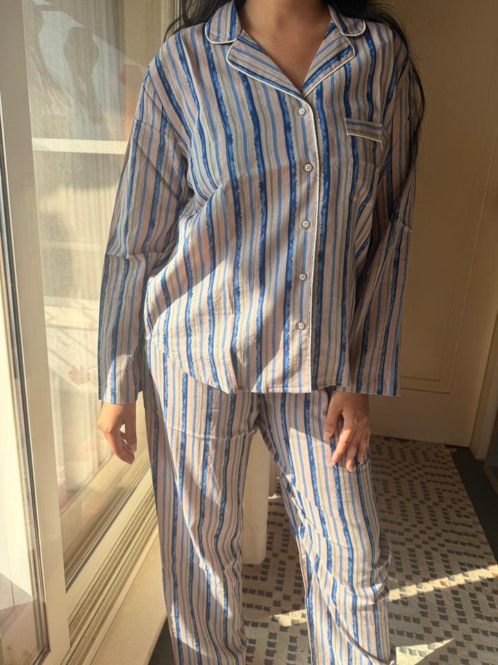 Striped Cotton Pajama Set, Indian Print Night Suit