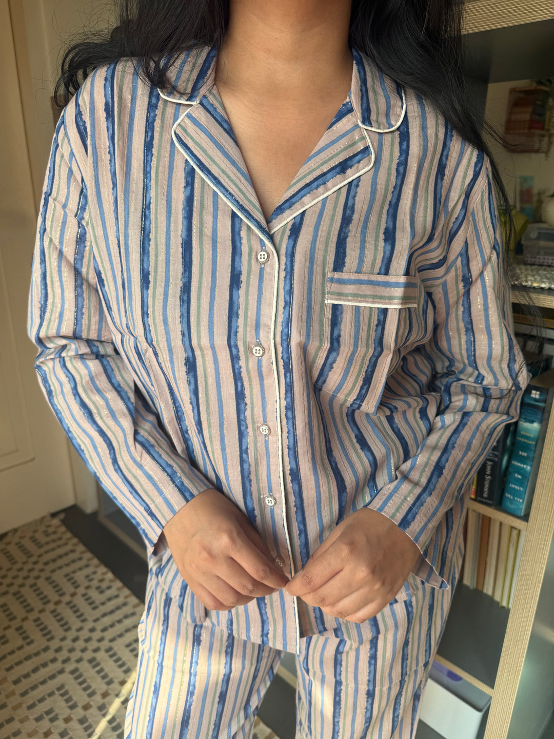 Striped Cotton Pajama Set, Indian Print Night Suit