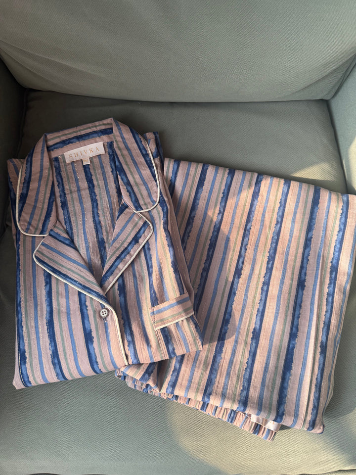 Striped Cotton Pajama Set, Indian Print Night Suit