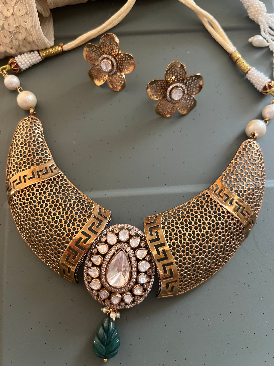 Exquisite Silver Kundan Polki Necklace Set with Carved Emerald Drop